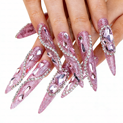Pink Glitz Twist – Glitter Pink Stiletto Press-Ons with Rhinestone Swirls