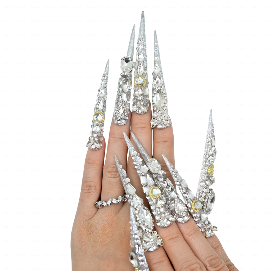 Diamond Spike – Silver Glitter Stiletto Press-Ons with Full Rhinestone Coverage