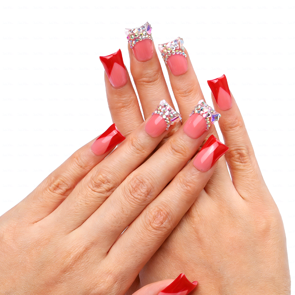 Ruby V French-Nude & Red Short Duck Press-Ons with V-Tip & Iridescent Rhinestone Accents