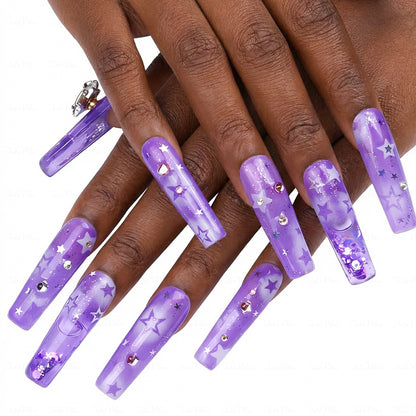 Purple Starry Quicksand  Lavender Long Square Water Press-Ons with 3D Star Charms