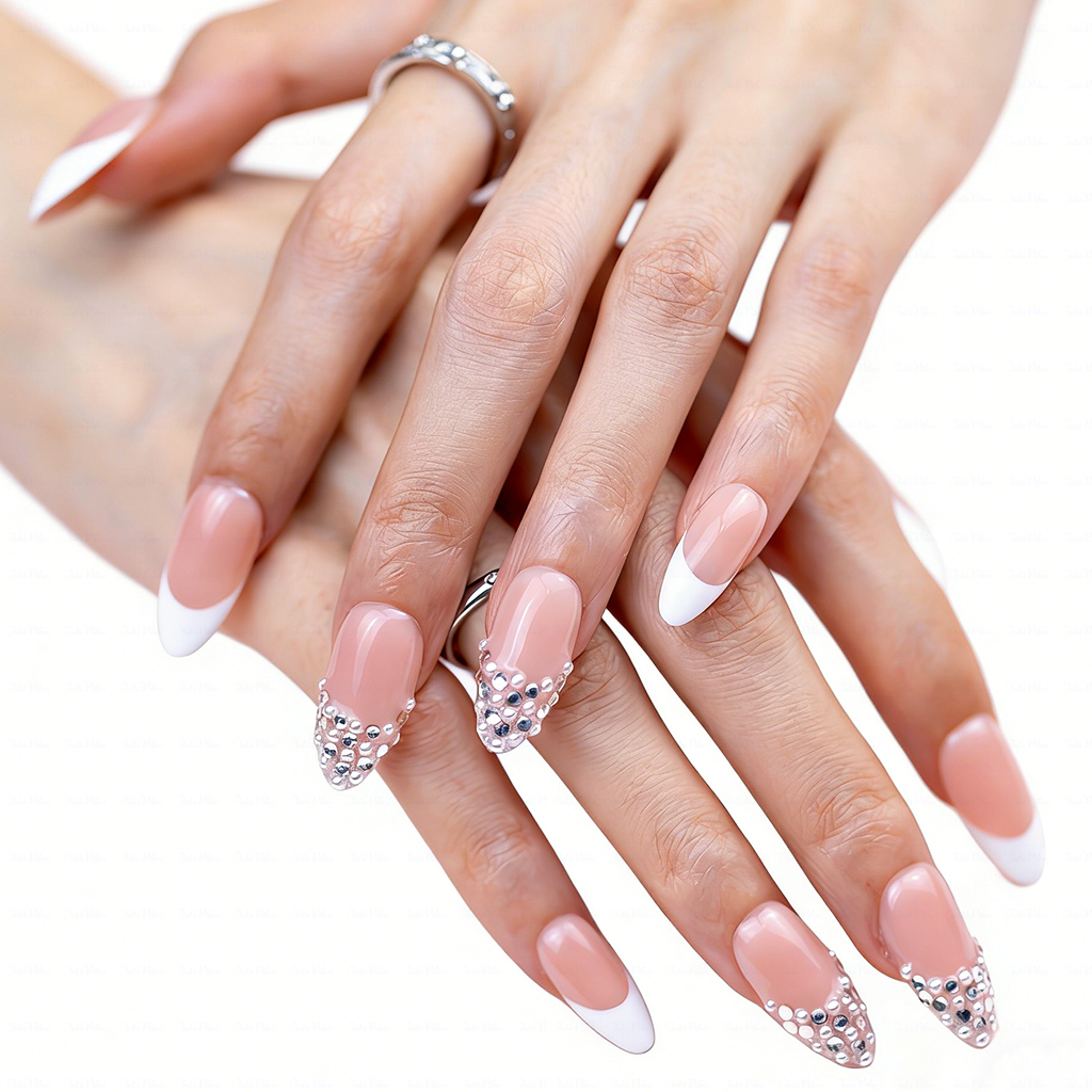 Pearl Elegance – Medium Almond Press-Ons with Pearl Clusters