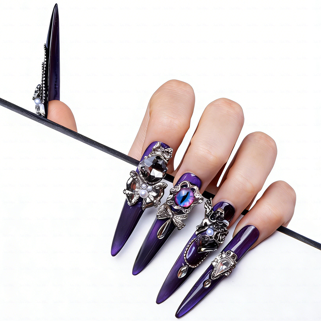 Noir Amethyst – Satin Purple Stiletto Press-Ons with Dark Crystal & Chain Charms