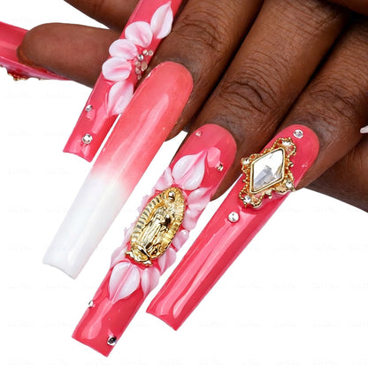 Sacred Floral  Red & White Long Square Press-Ons with Gold Virgin Mary & Flower Charms