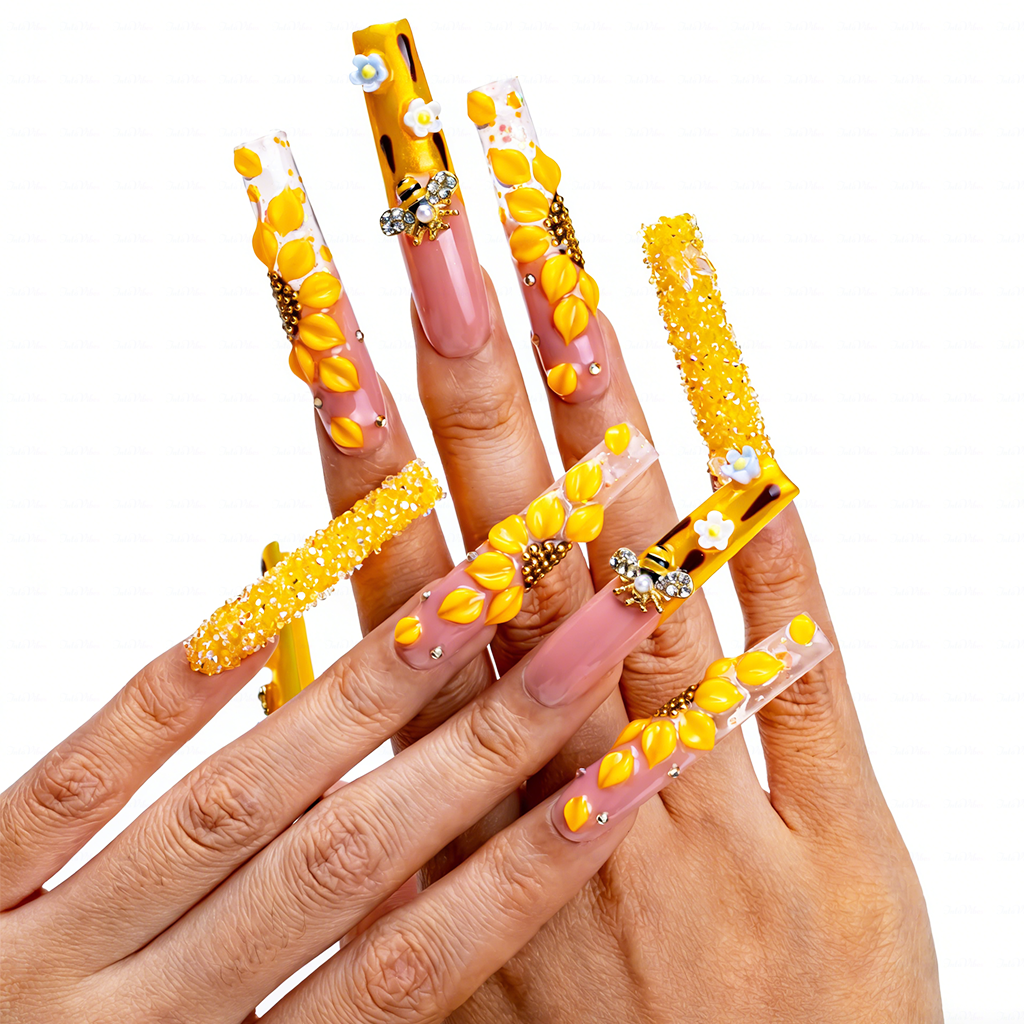 Honey Bee-Bright Yellow Long Square Press-Ons with 3D Bee & Chocolate Drip Accents