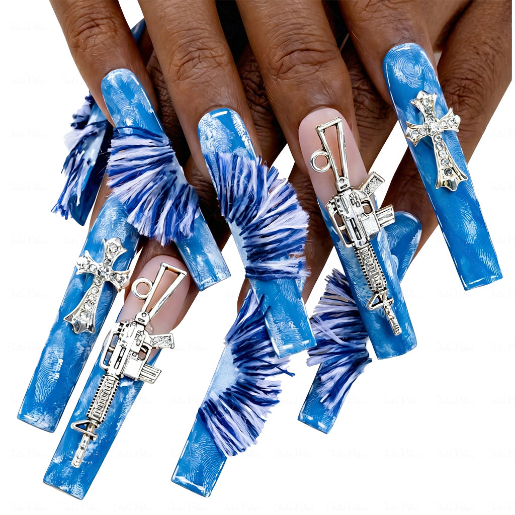 Cyber Denim – Blue Long Square Press-Ons with Cross & Gun Charms