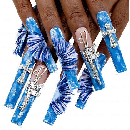 Cyber Denim – Blue Long Square Press-Ons with Cross & Gun Charms