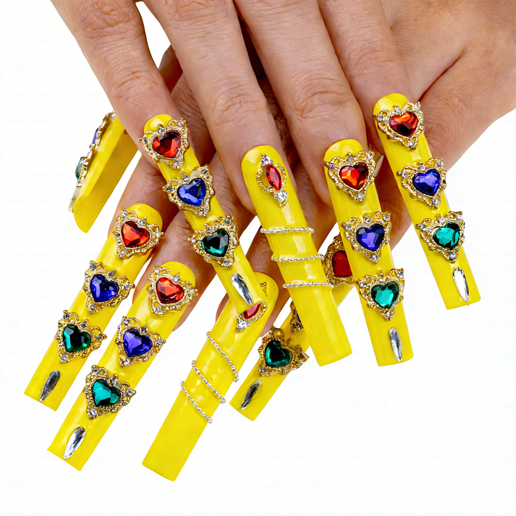 Sunset Heart – Neon Yellow Long Square Press-Ons with Rainbow Crystal Hearts