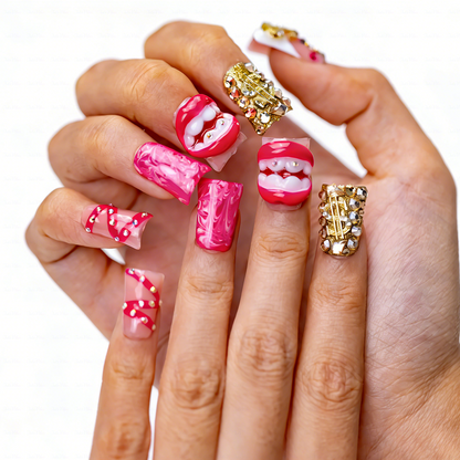 Baddie Lip – Hot Pink Short Duck Press-Ons with 3D Lip & Dollar Sign Charms