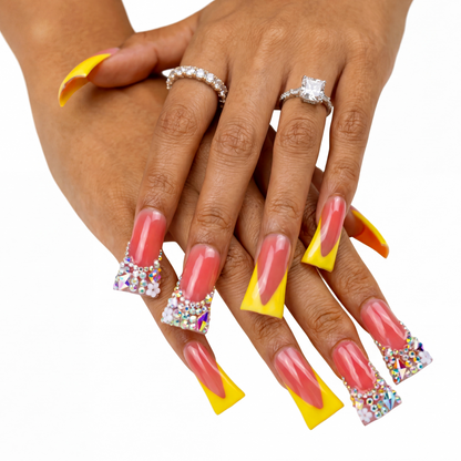 Sunny Yellow V French – Nude & Bright Yellow Long Duck Press-Ons with Iridescent Rhinestone Accents