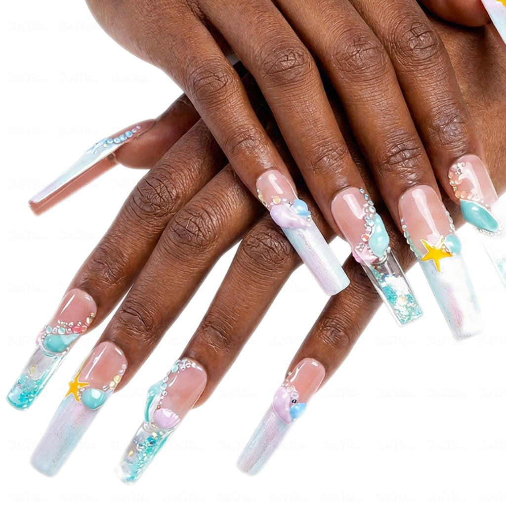 Mermaid Ocean Nude & Blue Long Square Water Press-Ons with 3D Octopus & Seashell Charms