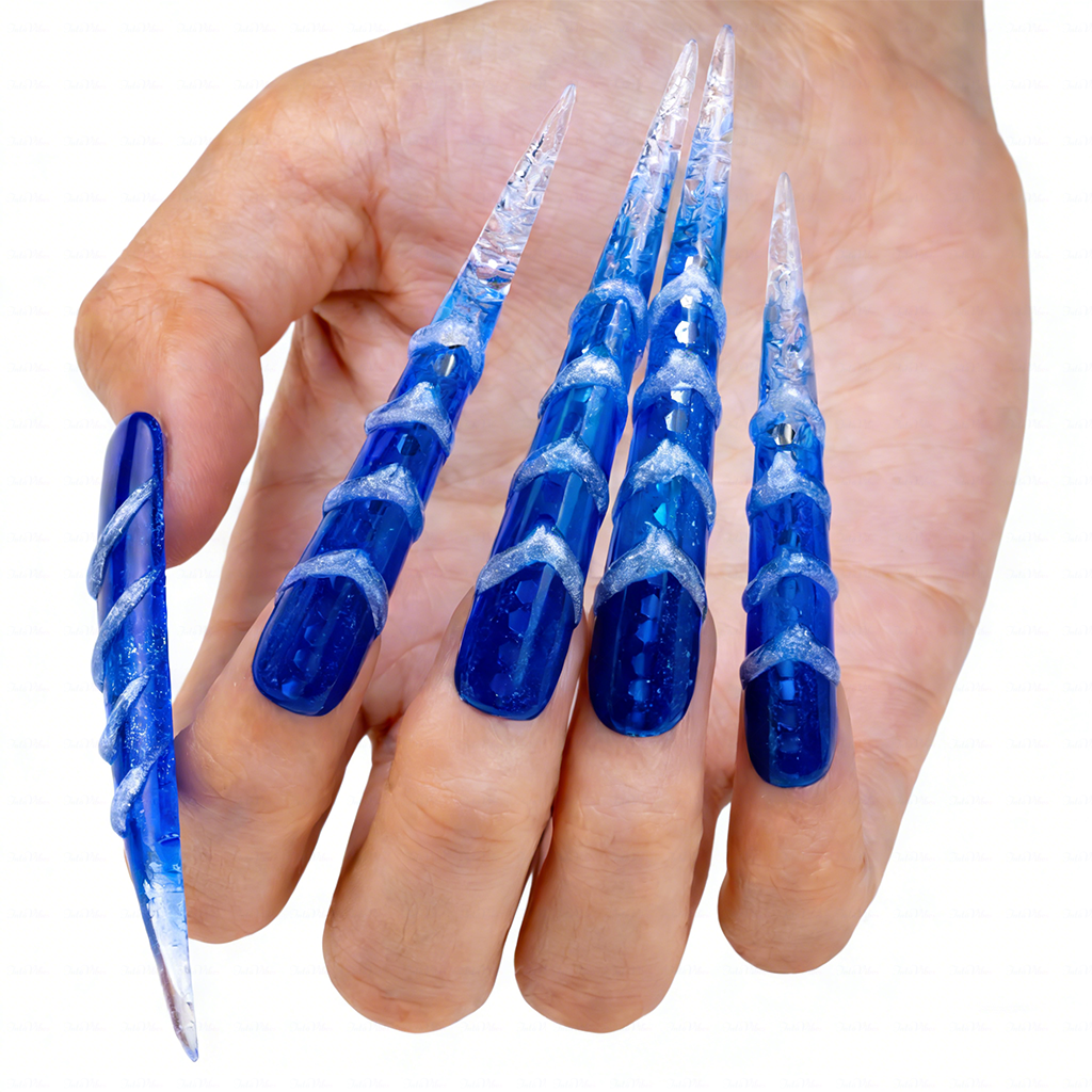 Ice Vortex – Cobalt Blue Stiletto Press-Ons with Silver Swirls