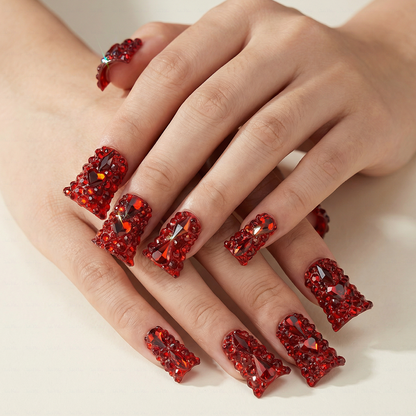 Scarlet Blaze Hand & Foot Set – Red Crystal-Encrusted Press-Ons