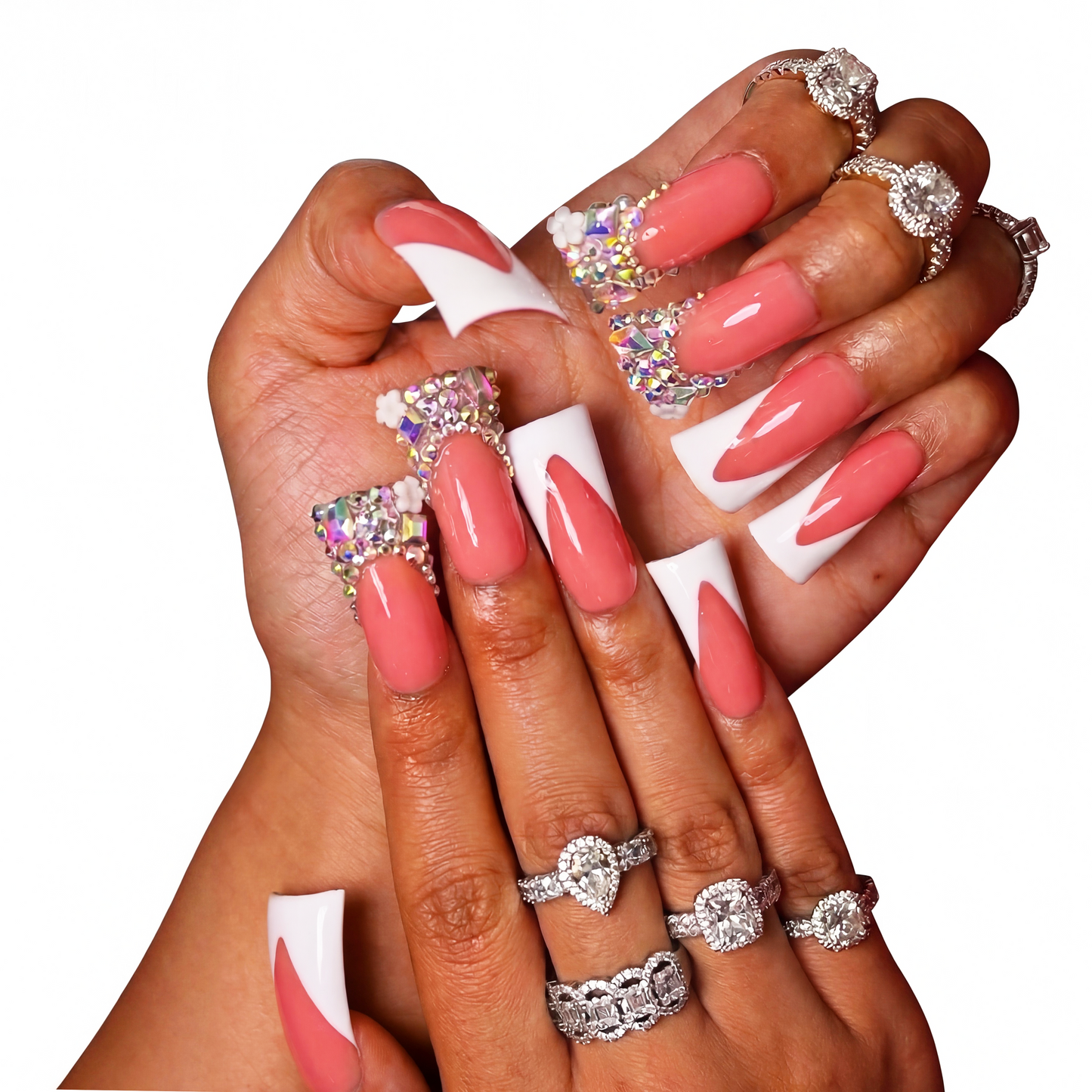 White V French – Nude & White Long Duck Press-Ons with Iridescent Rhinestone Accents