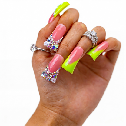 Neon Green V French – Nude & Neon Green Long Duck Press-Ons with Iridescent Rhinestone Accents