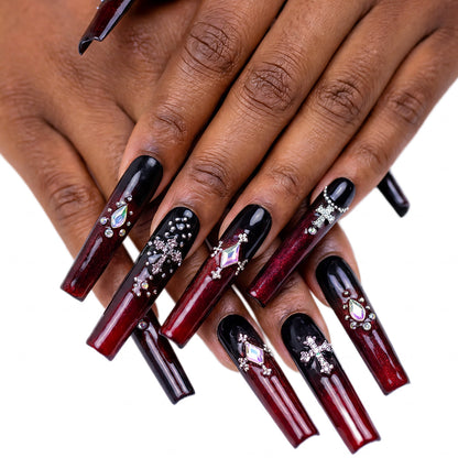 Goth Royal Black & Red Long Square Press-Ons with Crown & Cross Charms