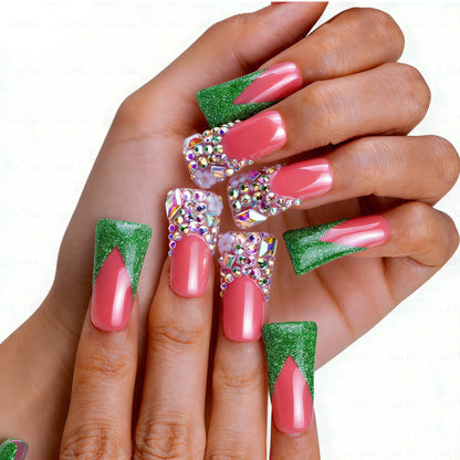 Emerald V French-Nude & Green Long Duck Press-Ons with V-Tip & Iridescent Rhinestone Accents