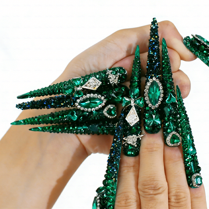 Emerald Bling-Deep Green Extra Long Stiletto Press-Ons with Full Rhinestone Encrusted Design