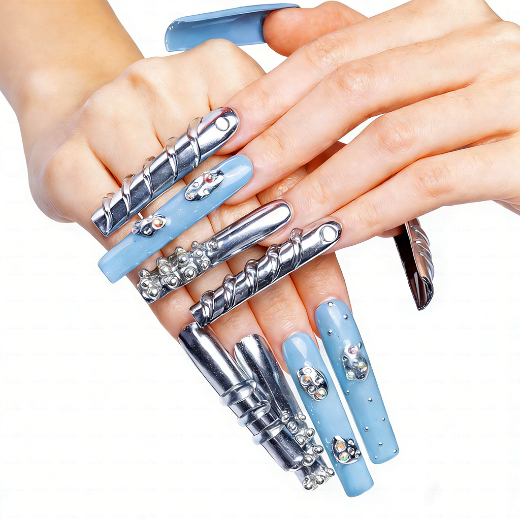 Chrome Frost – Slate Blue & Silver Long Square Press-Ons with Crystal Accents