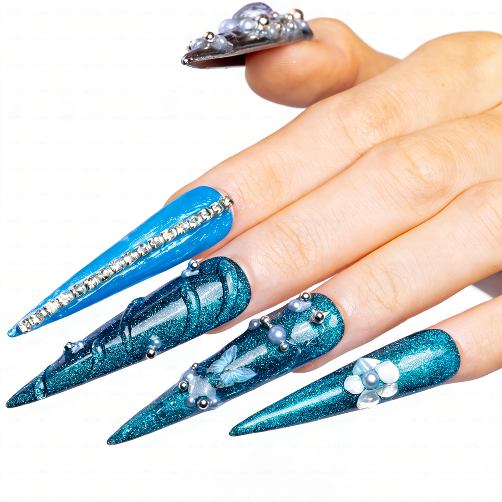 Ocean Chrome – Teal & Silver Stiletto Press-Ons with Crystal Accents