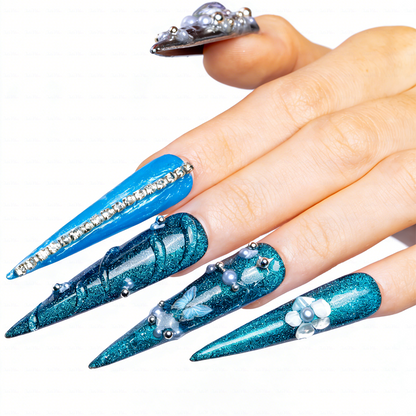 Ocean Chrome – Teal & Silver Stiletto Press-Ons with Crystal Accents