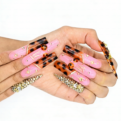 Tortie Cherry – Long Stiletto Press-Ons with Tortoiseshell & Cherry Accents