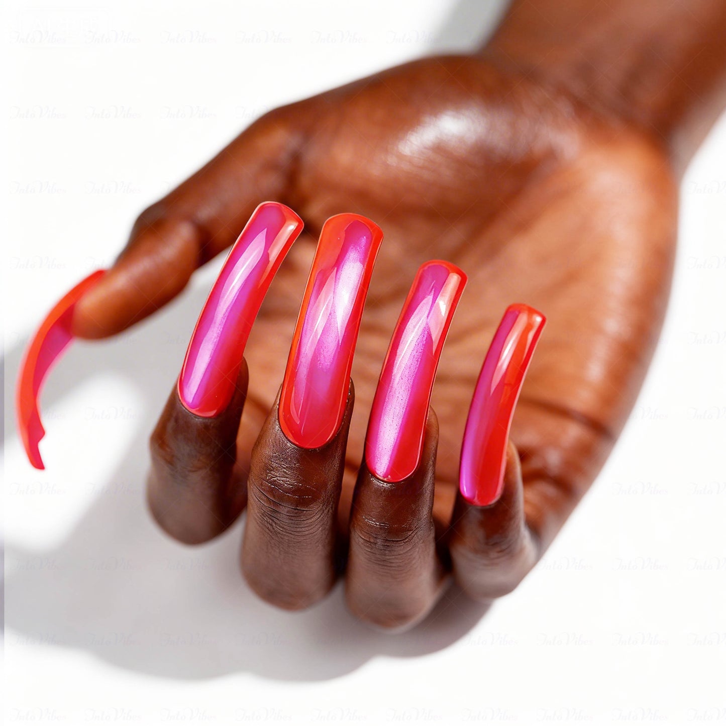 Neon Magenta Glow-Red & Pink Long Downward Curved Press-Ons with Mirror Gloss Finish