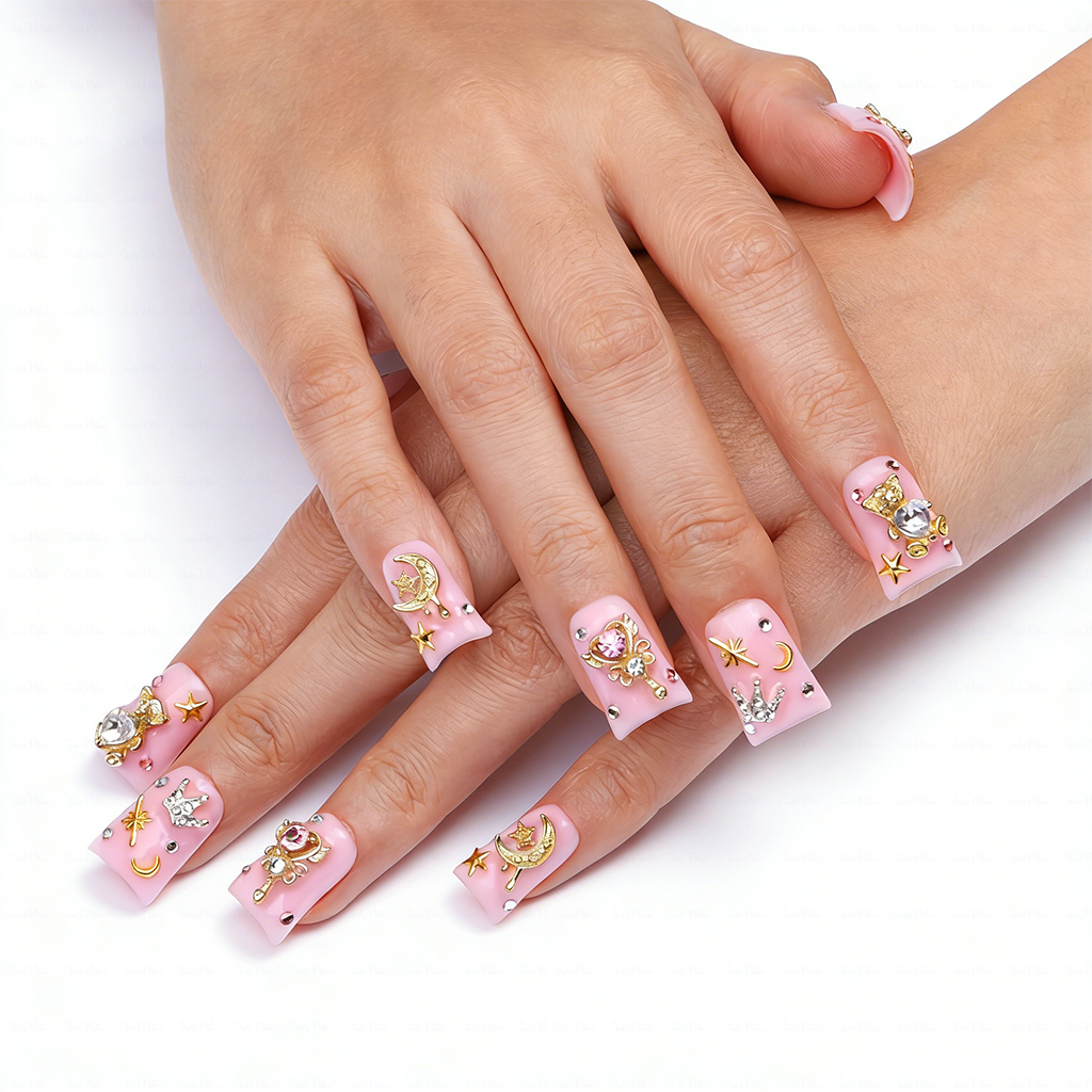 Magic Babe-Baby Pink Short Duck Press-Ons with 3D Bear & Magic Wand Charms