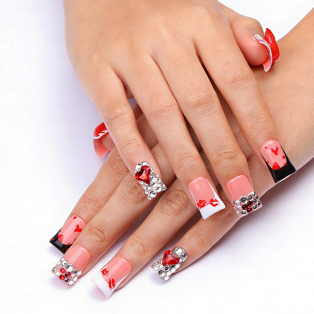 Lipstick Babe-Nude & Red Short Duck Press-Ons with 3D Lip & Heart Gem Accents