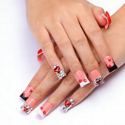 Lipstick Babe-Nude & Red Short Duck Press-Ons with 3D Lip & Heart Gem Accents