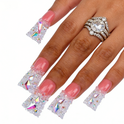 Sugar Glitter – Pink & White Long Duck Press-Ons with Iridescent Crystal Accents