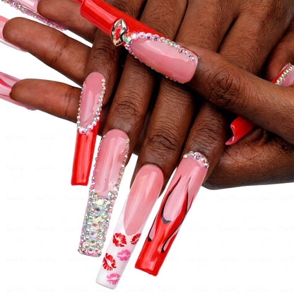 Lip Print French  Red & Nude Long Square Press-Ons with Lip Accents & Rhinestone Details