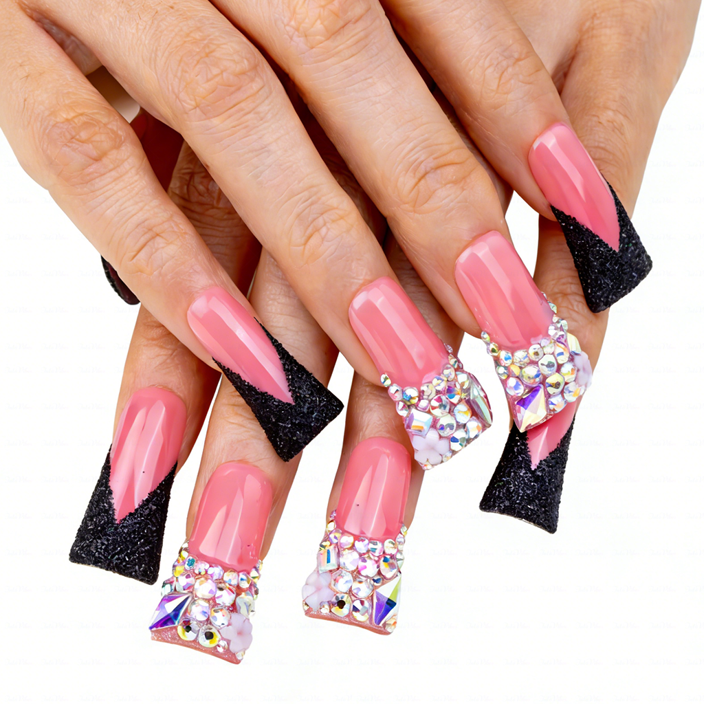 Crimson Noir – Pink & Black Glitter Long Duck Press-Ons with Crystal Accents