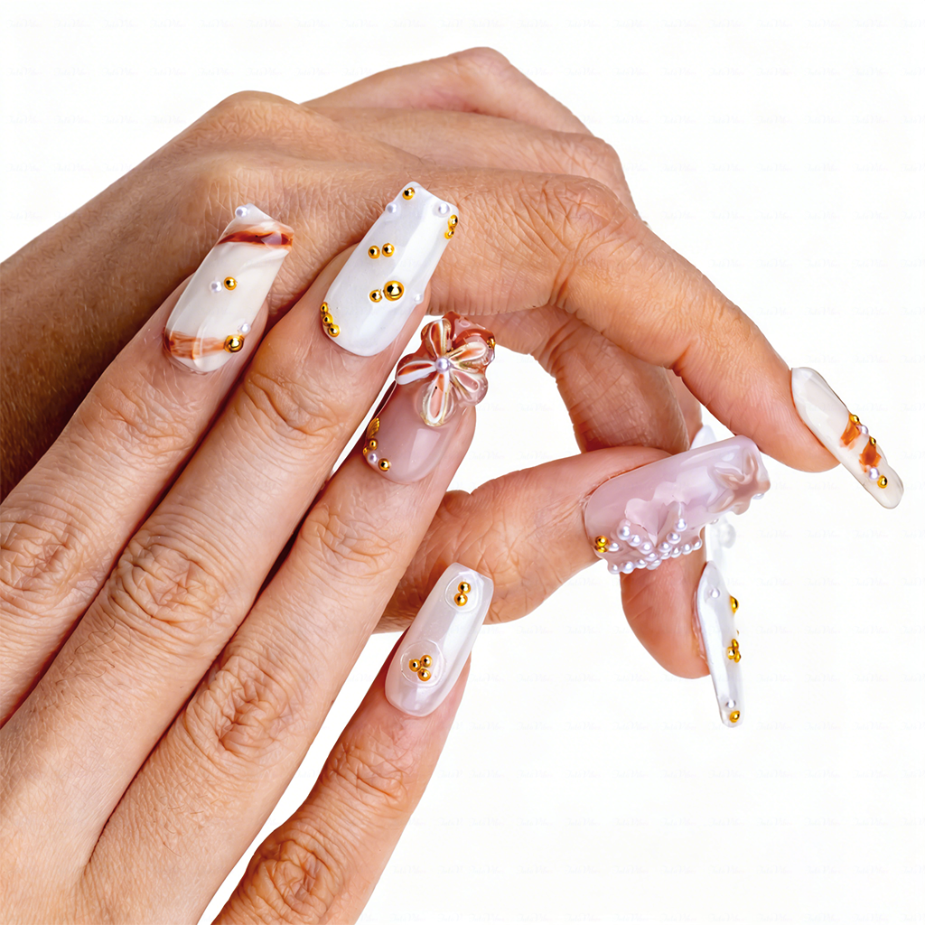 Coastal Pearl – Nude White Short Square Press-Ons with 3D Starfish & Seashell Accents