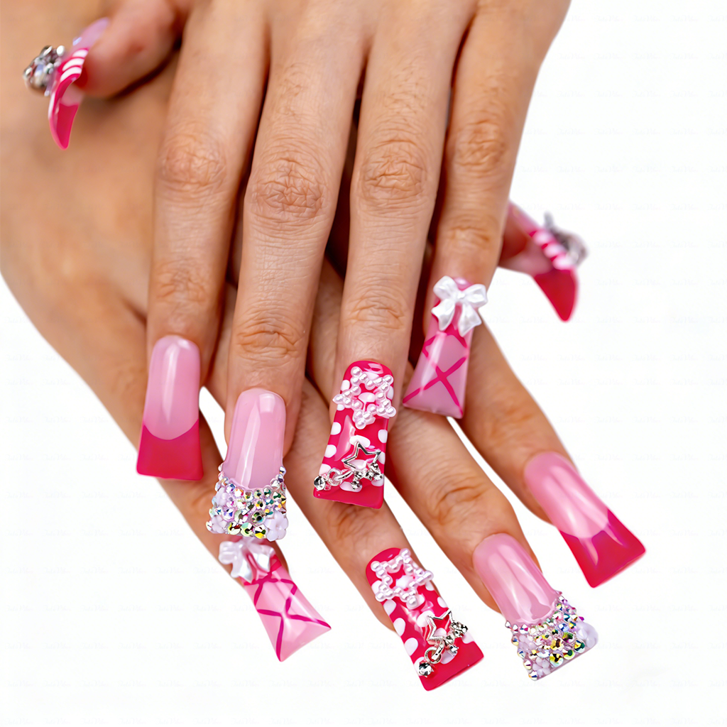 Bubblegum Glam – Pink Ombré Long Duck Press-Ons with Star & Bow Accents