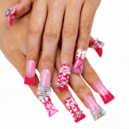 Bubblegum Glam – Pink Ombré Long Duck Press-Ons with Star & Bow Accents