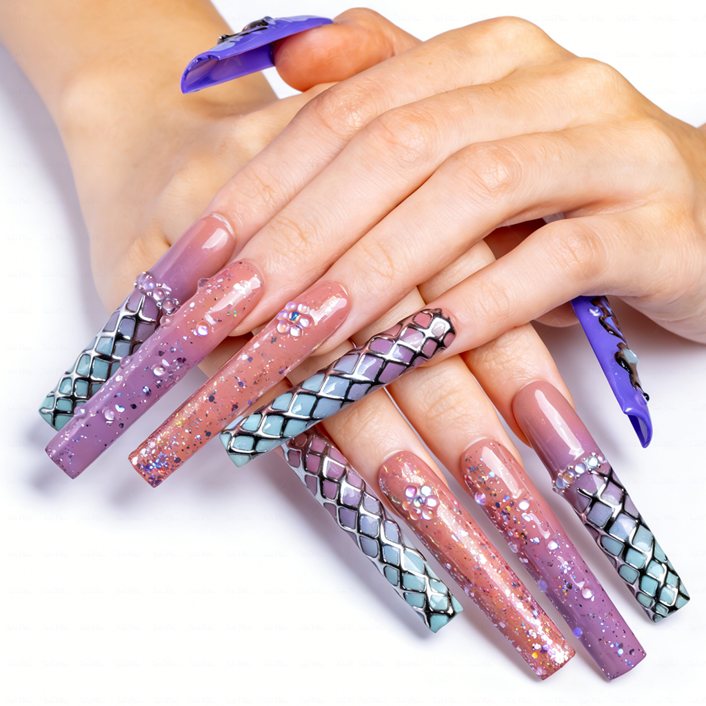 Mystic Gradient – Multi-Tone Long Square Press-Ons with Chrome & Glitter Accents