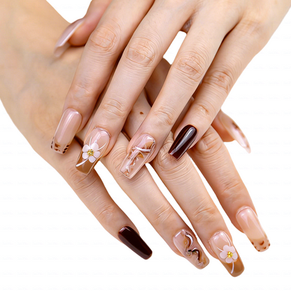 Latte Swirl – Nude Brown Medium Square Press-Ons with Marble Swirl & 3D Floral Accents