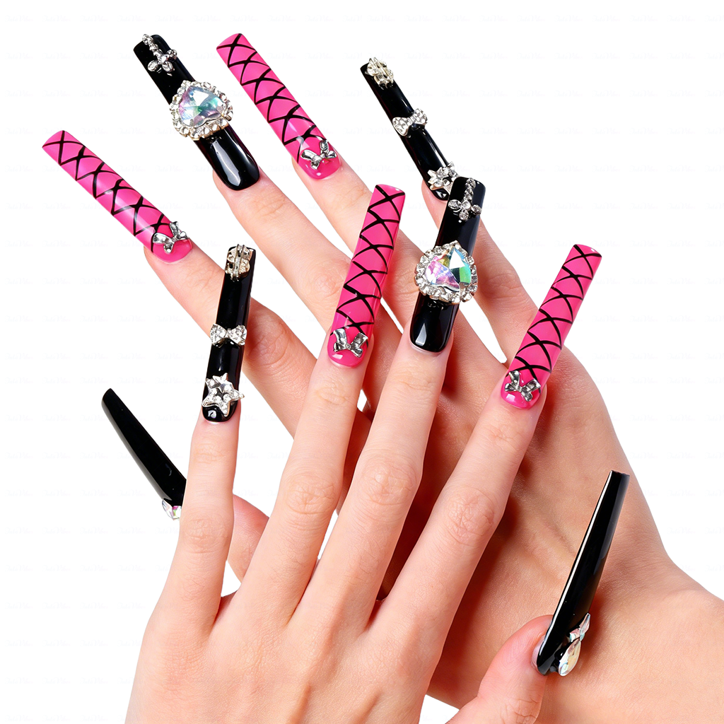 Baddie Glitz – Hot Pink & Black Long Square Press-Ons with Heart Gem & Cross Charms