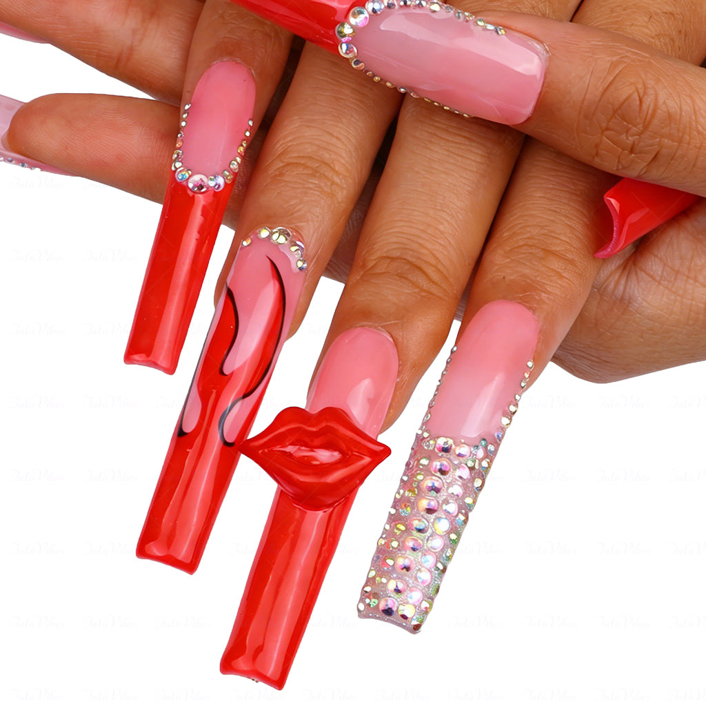 3D Lip French  Red & Nude Long Square Press-Ons with 3D Lip Charms & Rhinestone Details