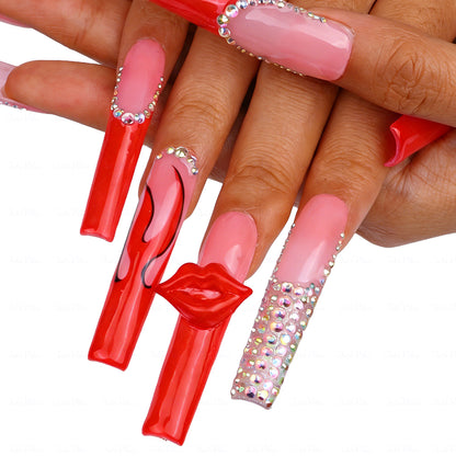 3D Lip French  Red & Nude Long Square Press-Ons with 3D Lip Charms & Rhinestone Details