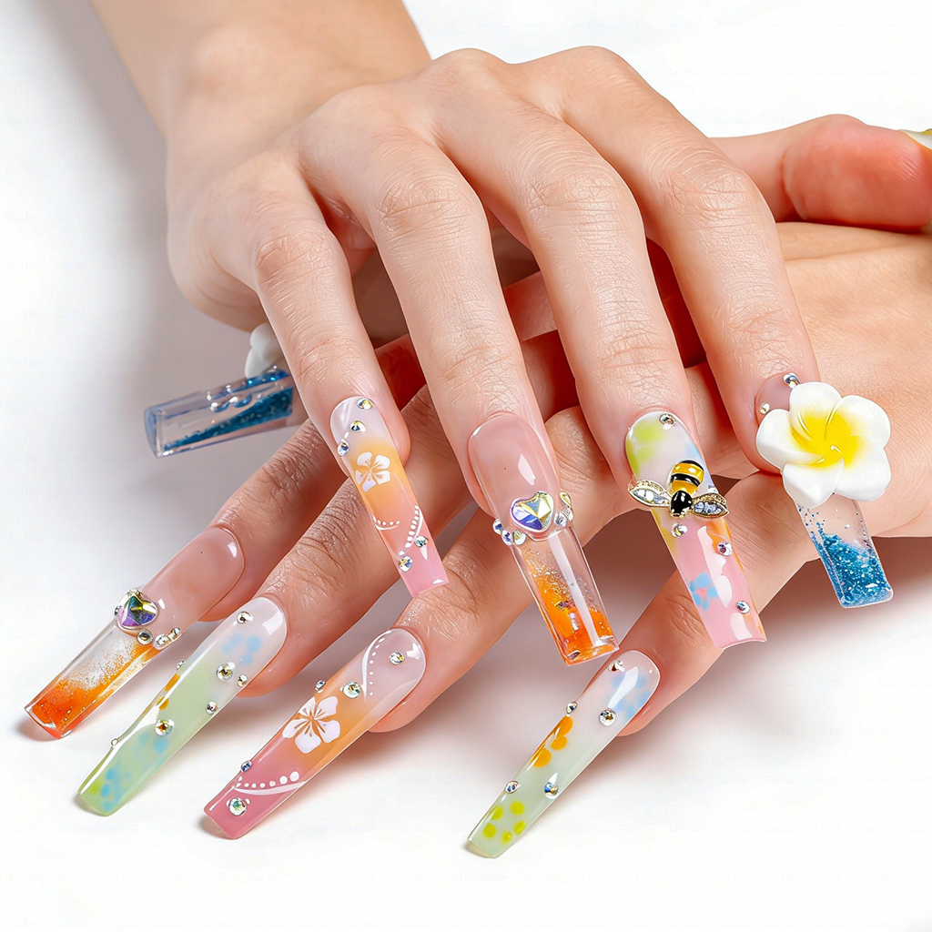 Plumeria Honey Bee  Pastel Rainbow Long Square Water Press-Ons with 3D Flower & Bee Charms