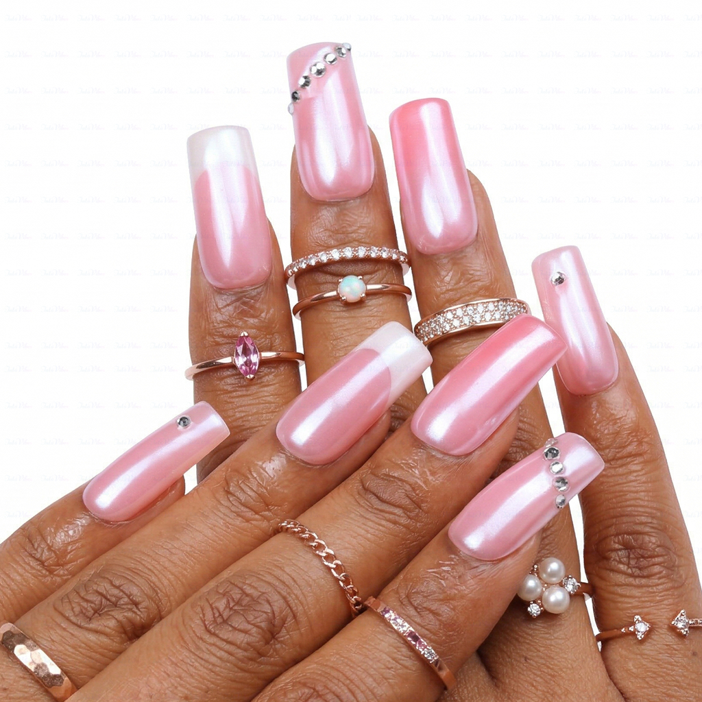 Aurora Blush – Pink & White Medium Square Press-Ons with Crystal Accents