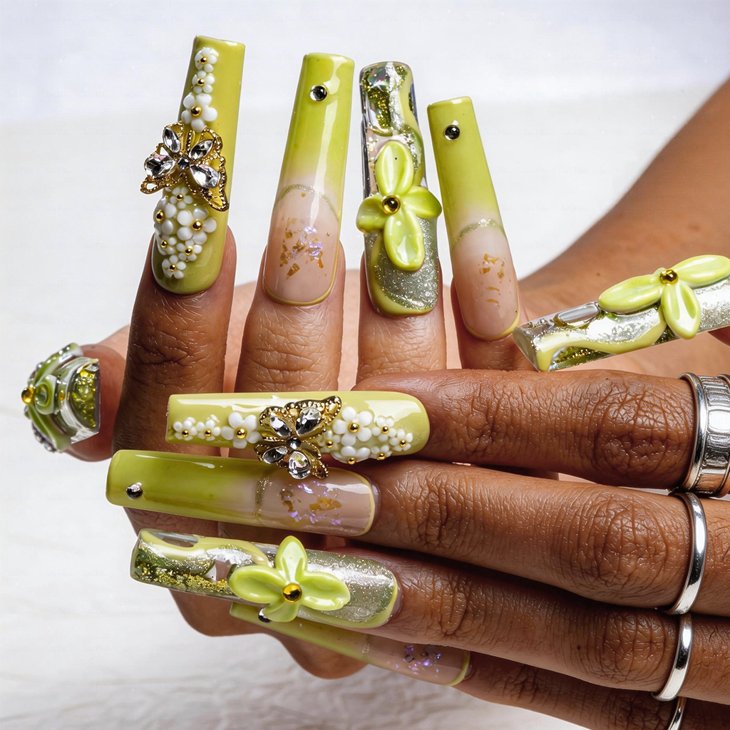 Lime Bloom-Light Green Long Square Water Press-Ons with 3D Floral & Gold Butterfly Charms