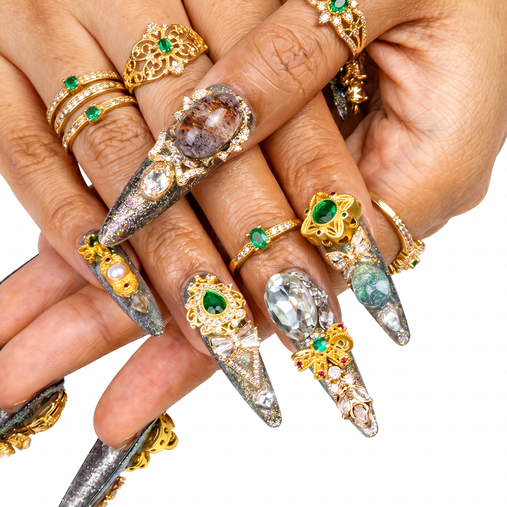 Made-to-Order | Imperial Jade Baroque – Sage Glitter Long Stiletto Press-Ons with Gold Vintage Gem Charms
