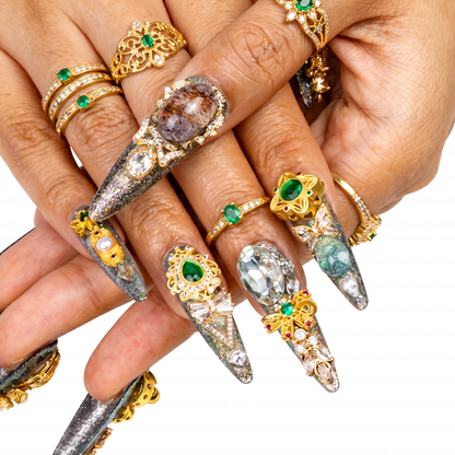 Made-to-Order | Imperial Jade Baroque – Sage Glitter Long Stiletto Press-Ons with Gold Vintage Gem Charms