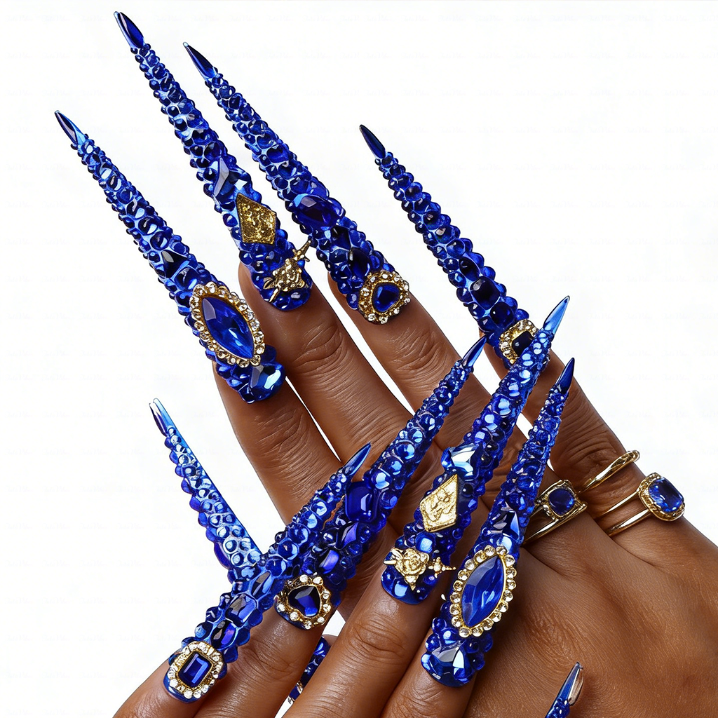 Sapphire Bling-Royal Blue Extra Long Stiletto Press-Ons with Full Rhinestone Encrusted Design