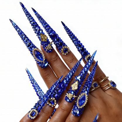 Sapphire Bling-Royal Blue Extra Long Stiletto Press-Ons with Full Rhinestone Encrusted Design