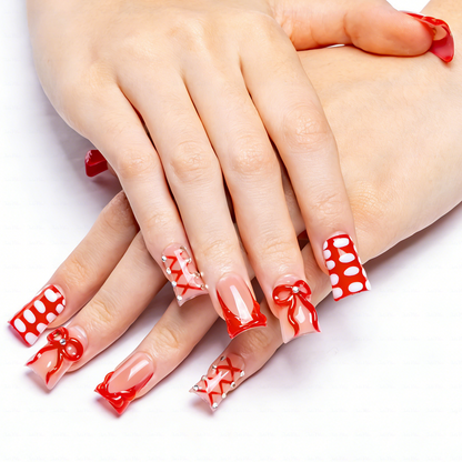 Crimson Bow – Nude & Red Short Duck Press-Ons with 3D Bow & Lace Accents