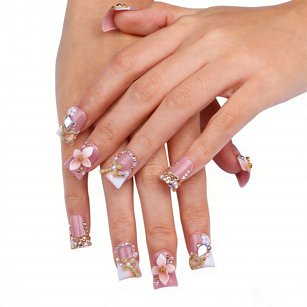 Butterfly Bloom-Nude Pink Short Duck Press-Ons with 3D Floral & Gold Butterfly Charms