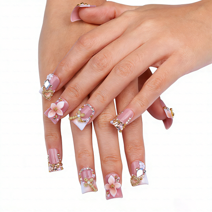 Butterfly Bloom-Nude Pink Short Duck Press-Ons with 3D Floral & Gold Butterfly Charms